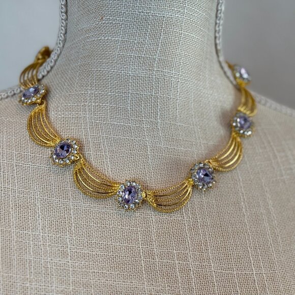GOLD TONE NECKLACE WITH LAVENDER CRYSTALS - Picture 8 of 8